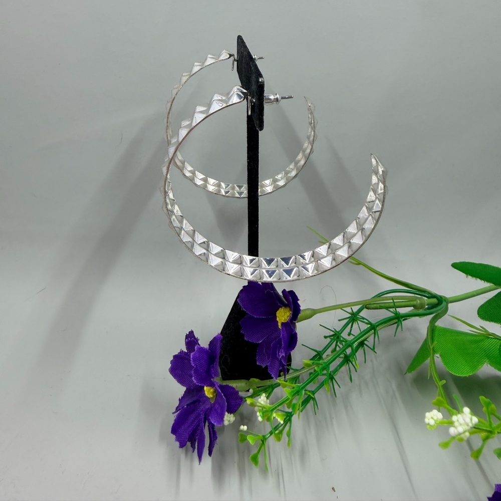 Silver Studded Style Geometric Vintage Large Hoop Earrings - Picture 2 of 4